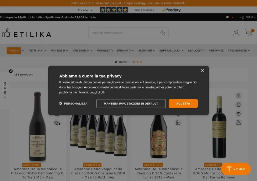 Schermata della pagina offerta di Etilika