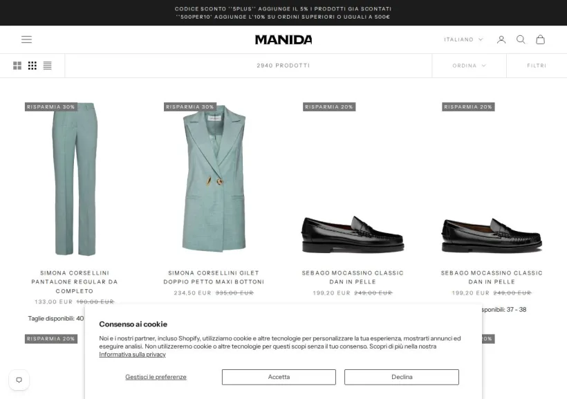 Schermata della pagina offerta di Manida