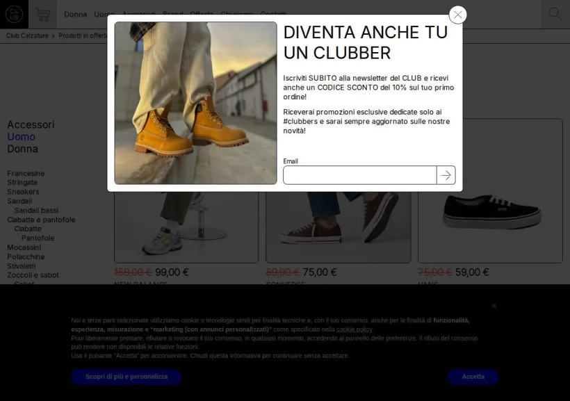 Schermata della pagina offerta di Club Calzature