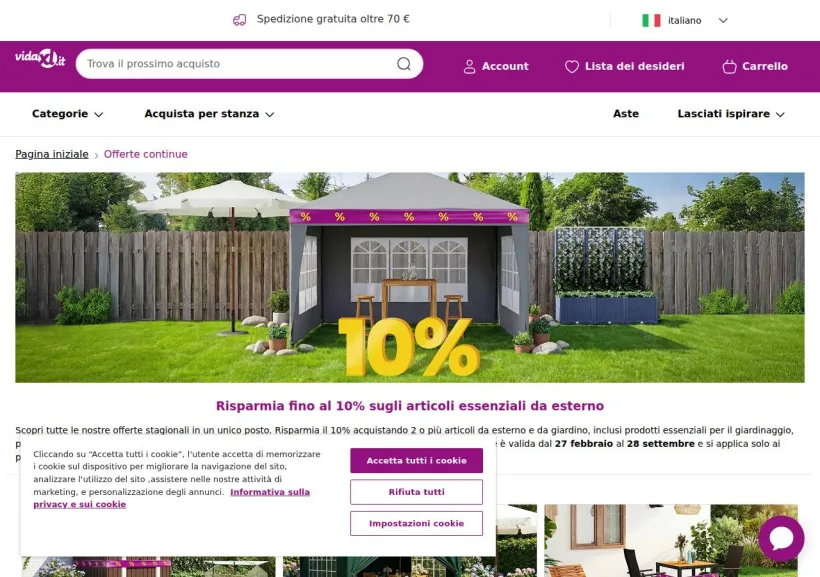 Schermata della pagina offerta di vidaXL