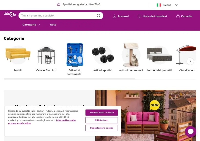 Schermata della pagina offerta di vidaXL (PrezziUnici)