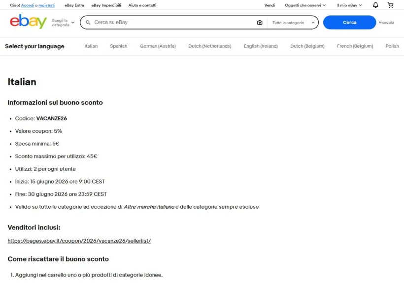 Schermata della pagina offerta di eBay