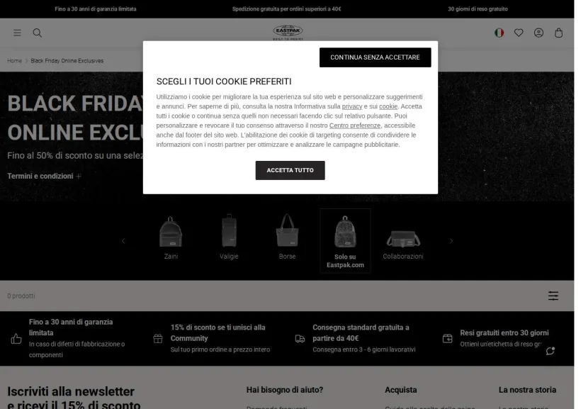 Schermata della pagina offerta di Eastpak