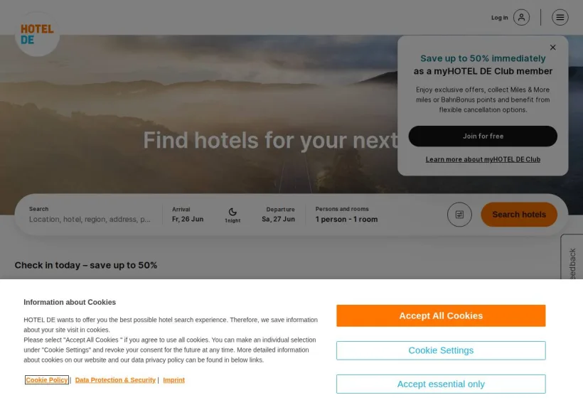 Schermata della pagina offerta di Hotel Info