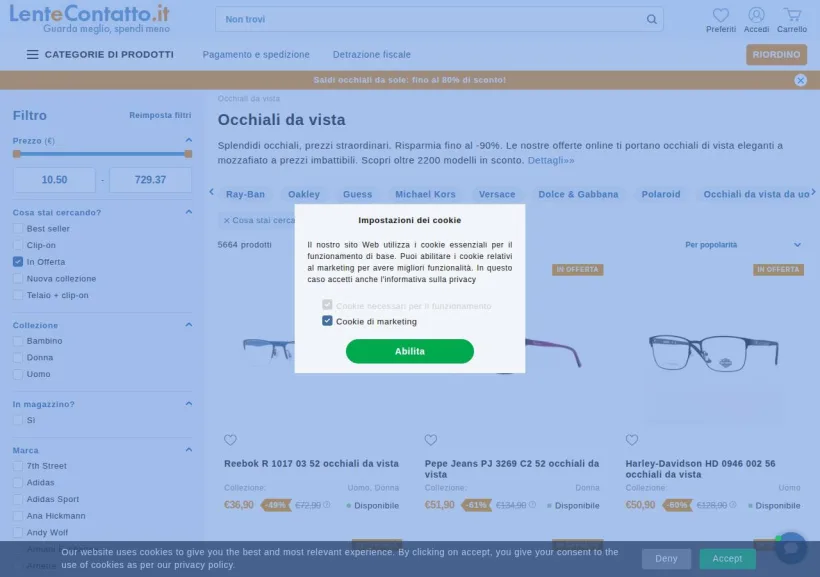 Schermata della pagina offerta di LenteContatto