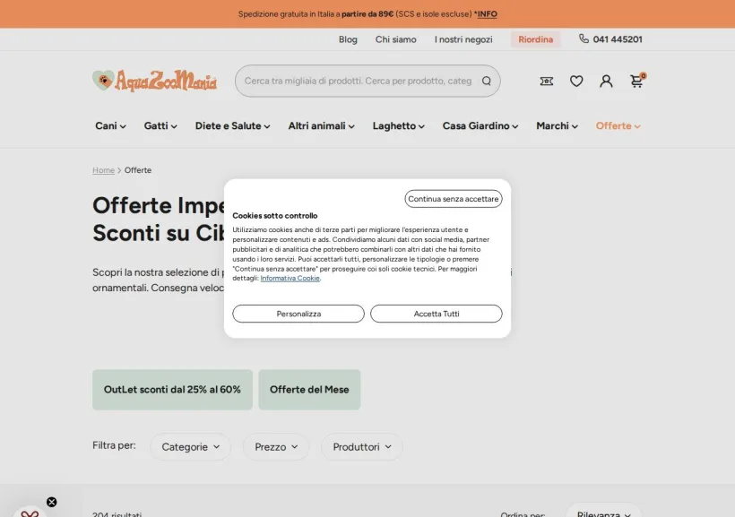 Schermata della pagina offerta di AquaZooMania