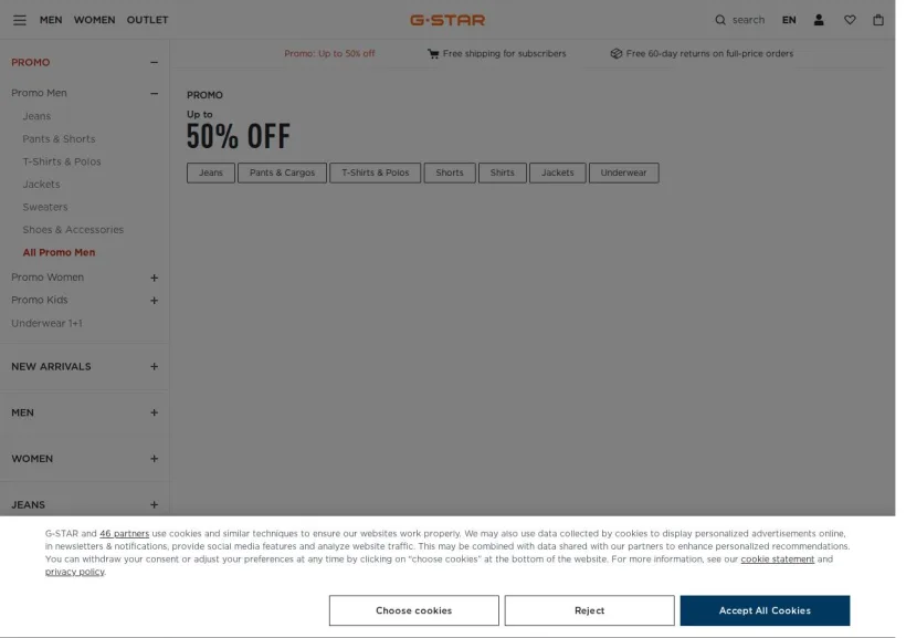 Schermata della pagina offerta di G-Star
