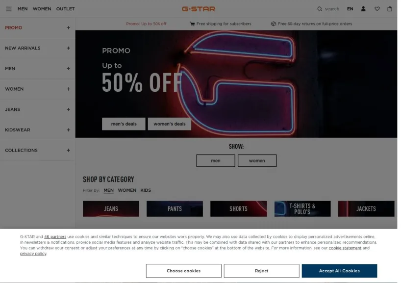 Schermata della pagina offerta di G-Star