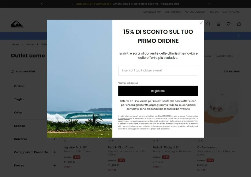 Schermata della pagina offerta di Quiksilver 