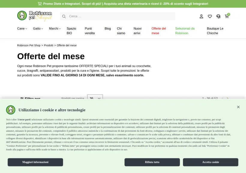 Schermata della pagina offerta di Robinson Pet Shop