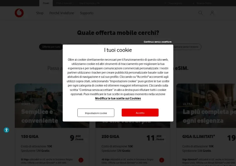 Schermata della pagina offerta di Vodafone