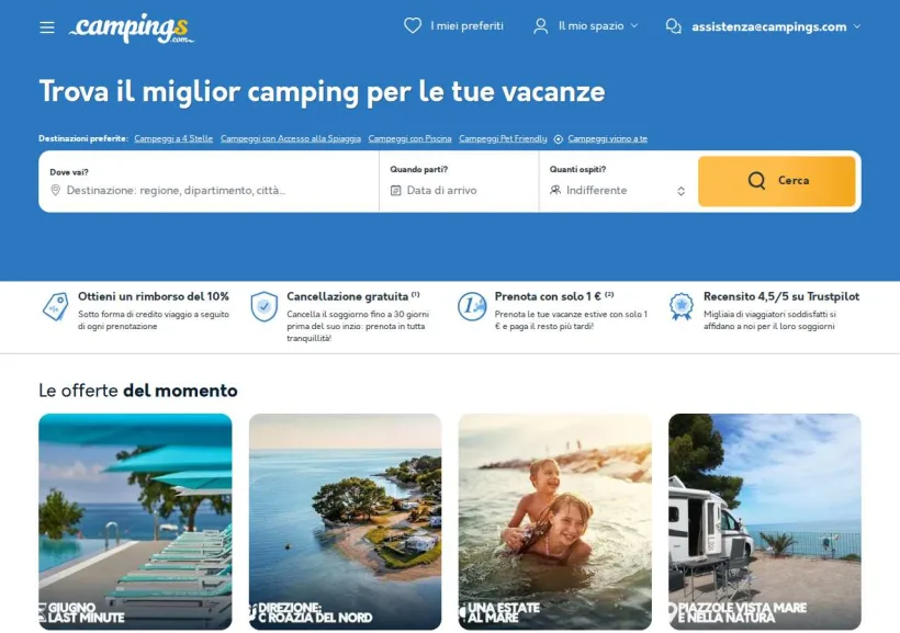 Schermata della pagina offerta di Campings.com