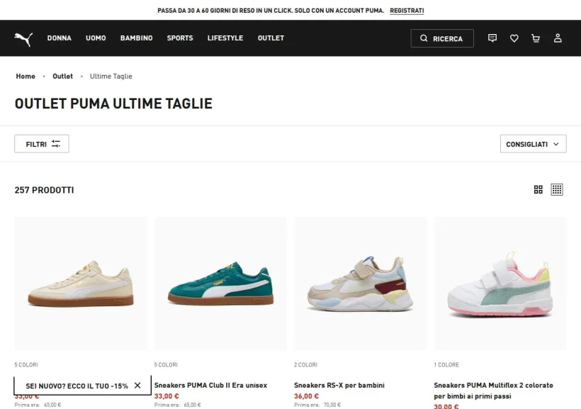 Schermata della pagina offerta di PUMA