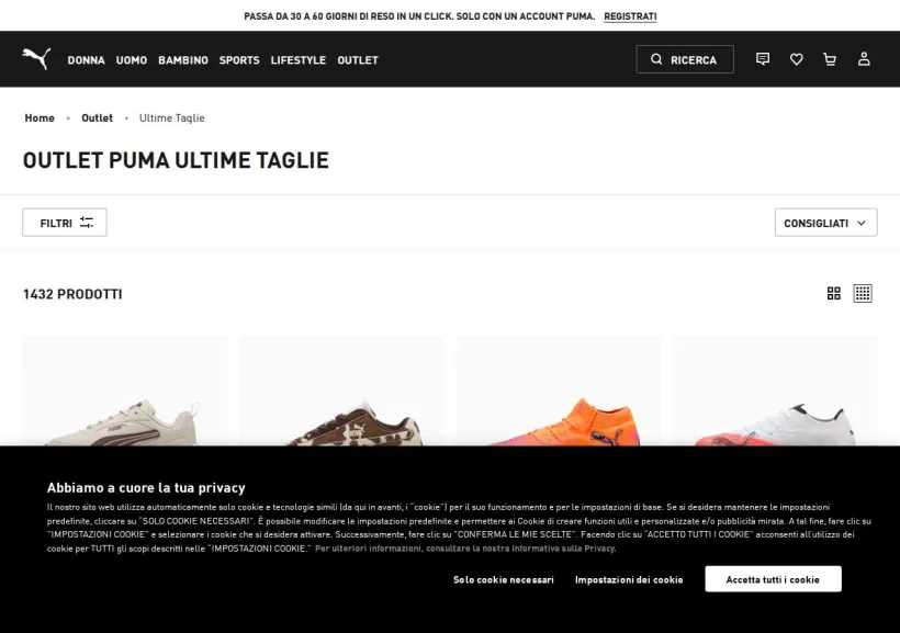 Schermata della pagina offerta di PUMA