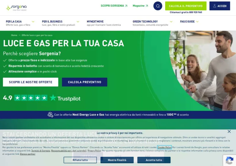 Schermata della pagina offerta di Sorgenia