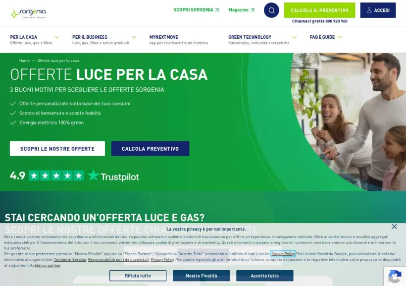 Schermata della pagina offerta di Sorgenia