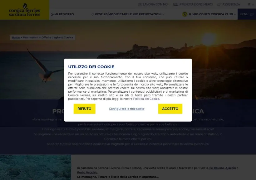 Schermata della pagina offerta di Corsica Ferries
