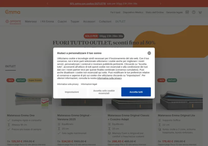 Schermata della pagina offerta di Emma Mattress