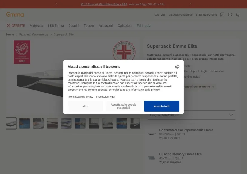 Schermata della pagina offerta di Emma Mattress