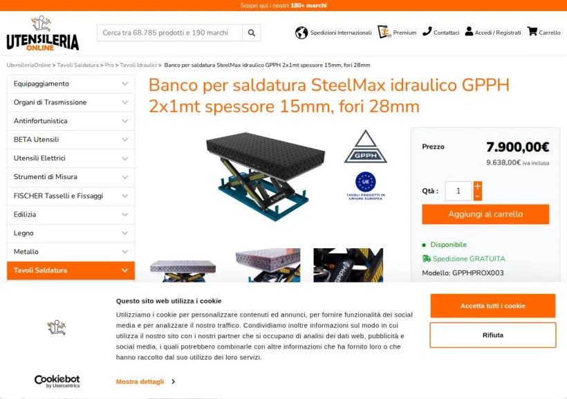 Schermata della pagina offerta di Utensileria Online
