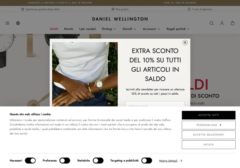 Schermata della pagina offerta di Daniel Wellington
