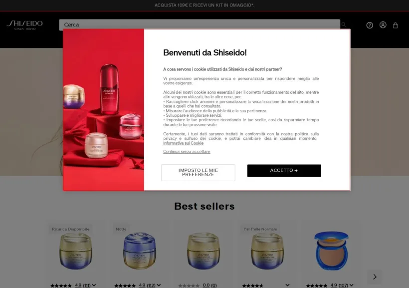 Schermata della pagina offerta di Shiseido