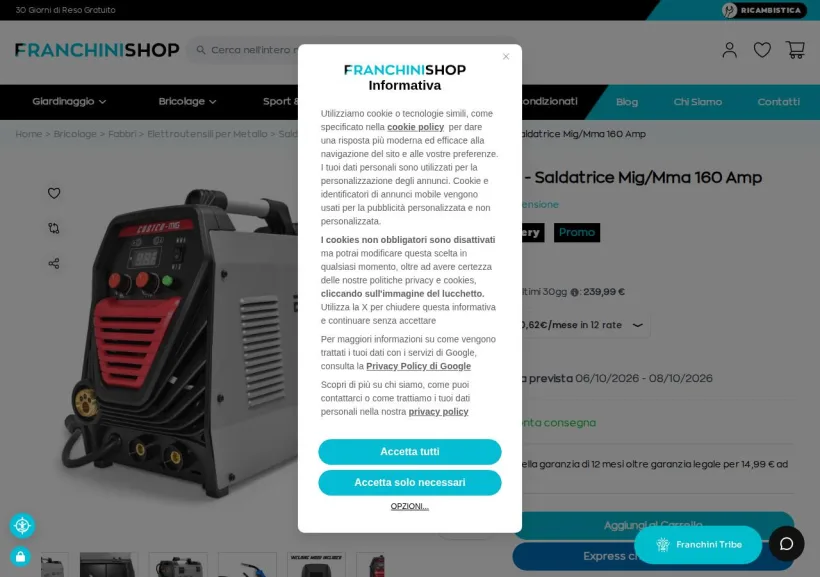 Schermata della pagina offerta di Franchini Shop