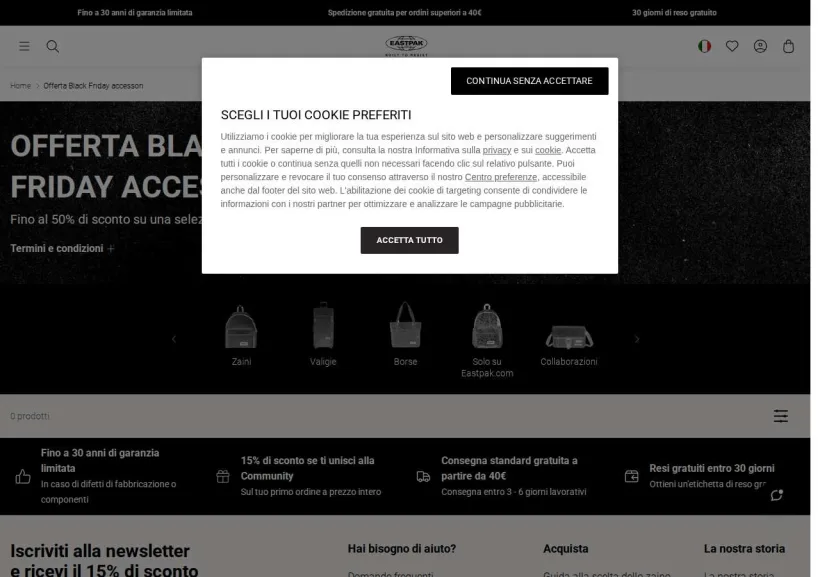 Schermata della pagina offerta di Eastpak