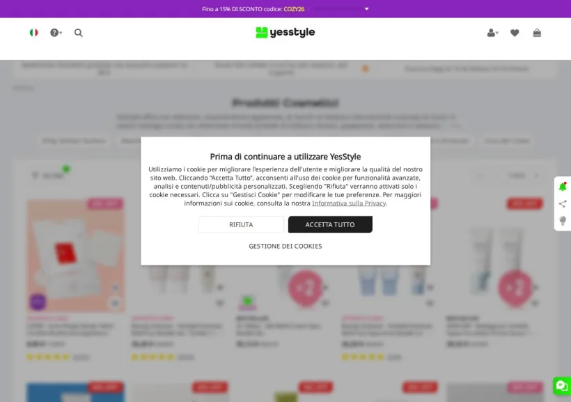 Schermata della pagina offerta di YesStyle