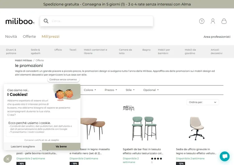 Schermata della pagina offerta di Miliboo
