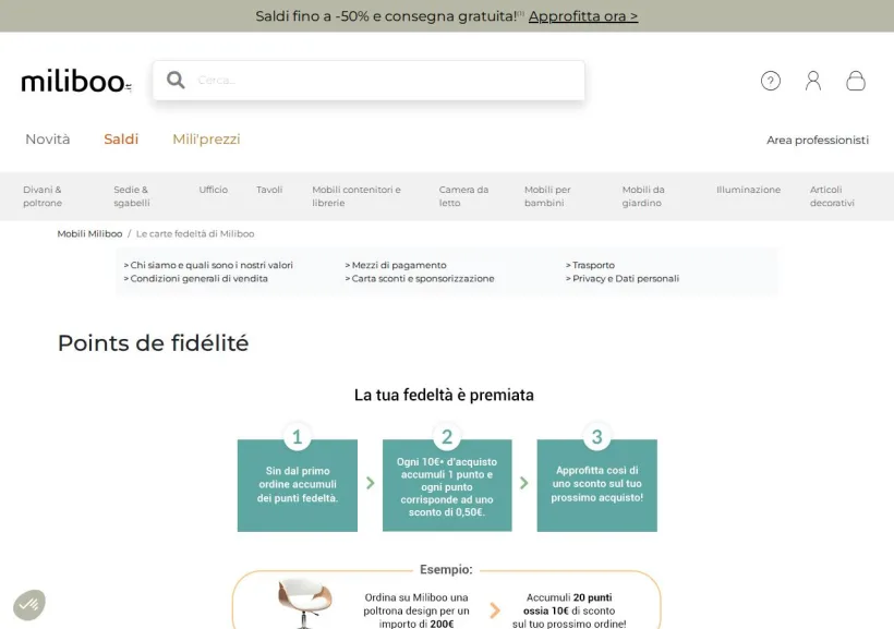 Schermata della pagina offerta di Miliboo