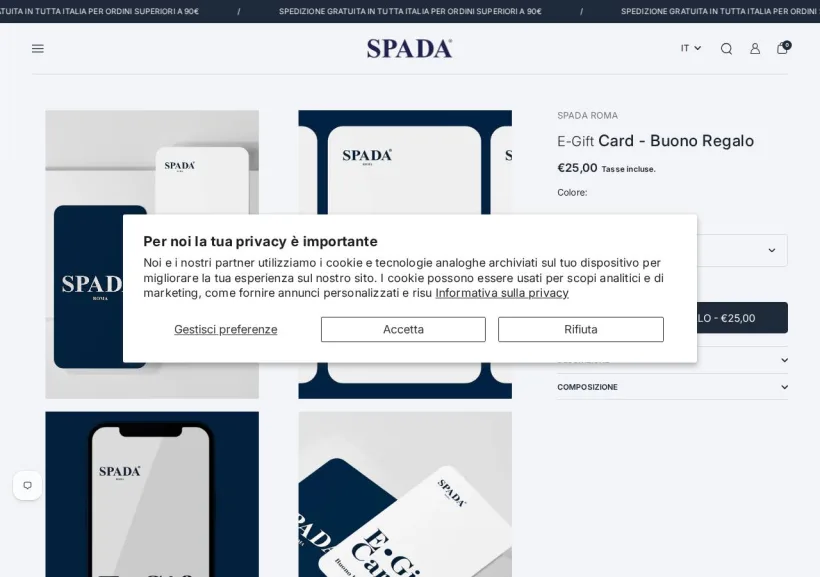 Schermata della pagina offerta di Spada Roma