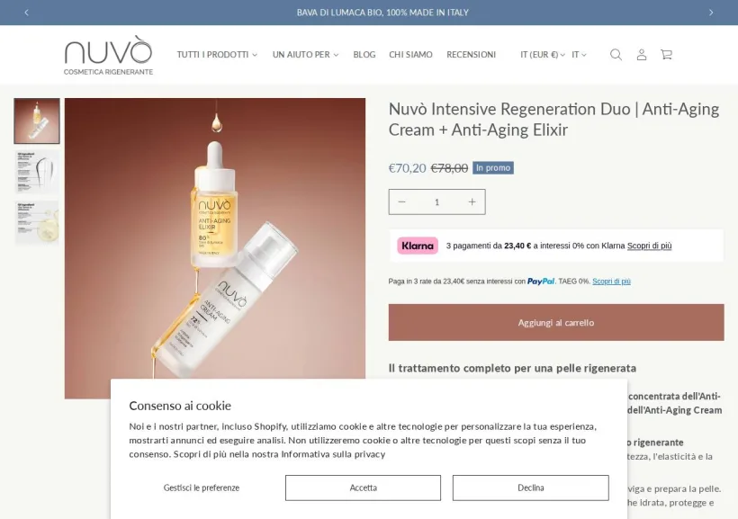 Schermata della pagina offerta di Nuvò Cosmetic