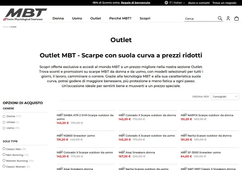 Schermata della pagina offerta di MBT