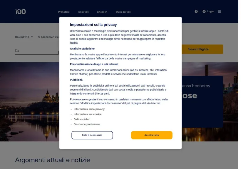 Schermata della pagina offerta di Lufthansa
