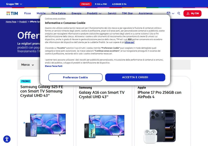 Schermata della pagina offerta di TIM Internet