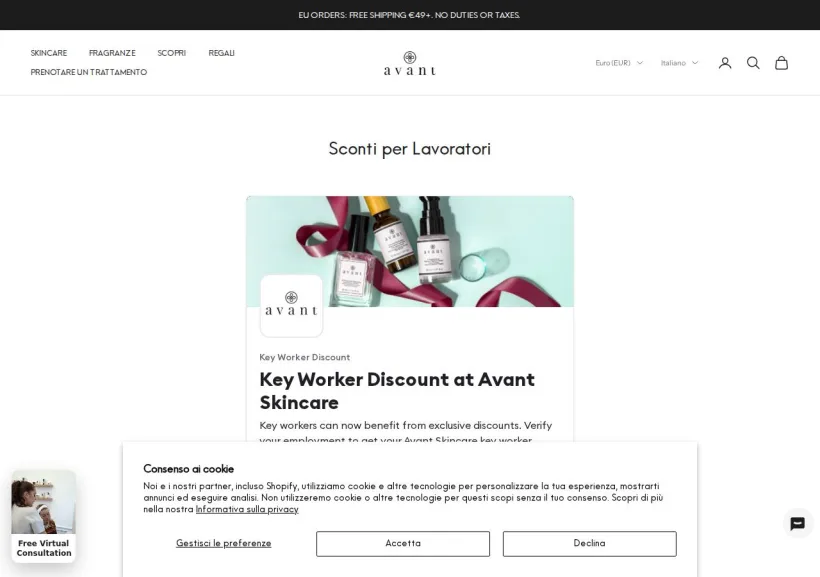 Schermata della pagina offerta di Avant Skincare
