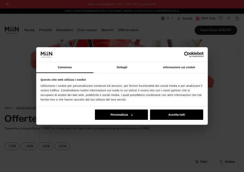 Schermata della pagina offerta di Miin Cosmetics