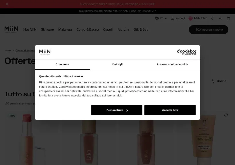 Schermata della pagina offerta di Miin Cosmetics