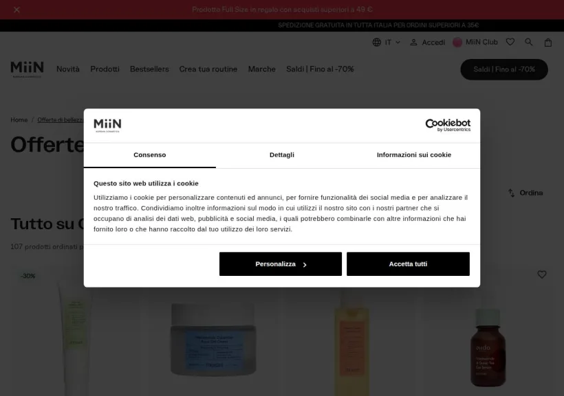 Schermata della pagina offerta di Miin Cosmetics