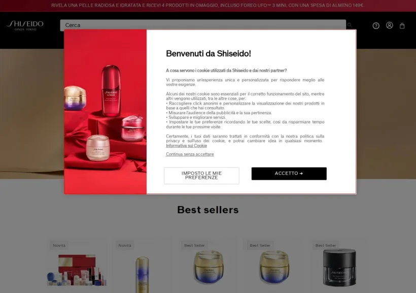 Schermata della pagina offerta di Shiseido