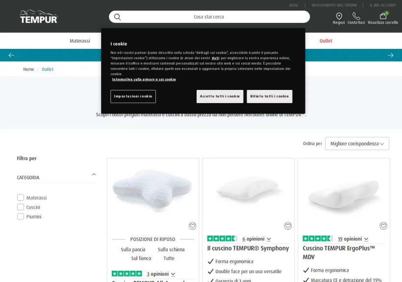 Schermata della pagina offerta di Tempur