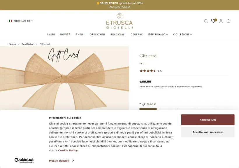 Schermata della pagina offerta di Etrusca Gioielli