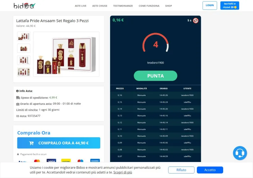 Schermata della pagina offerta di Bidoo