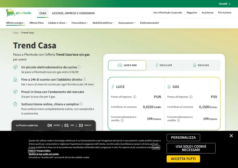 Schermata della pagina offerta di Eni Plenitude