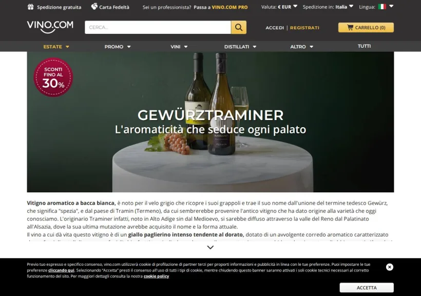 Schermata della pagina offerta di Vino.com