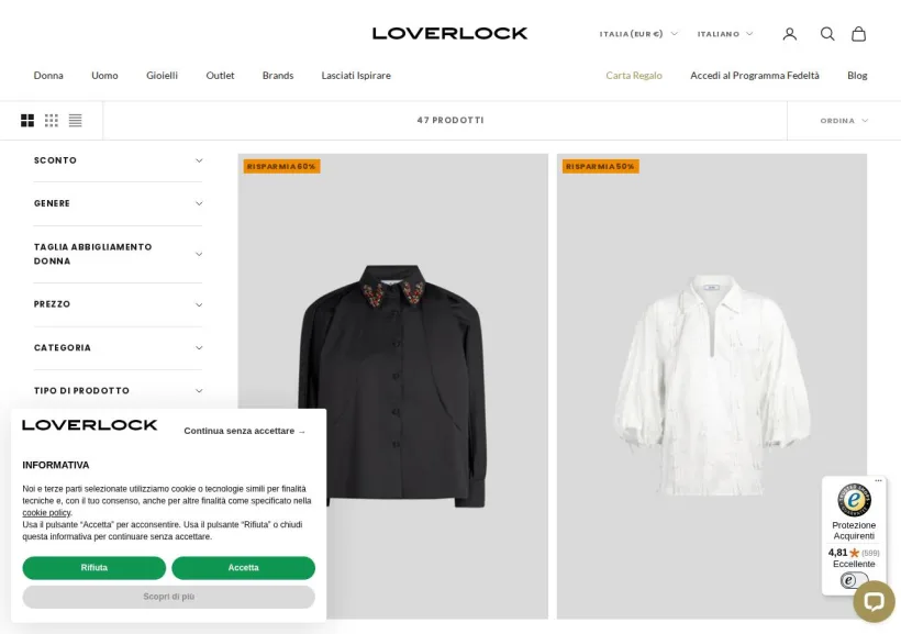 Schermata della pagina offerta di Loverlock boutique on line