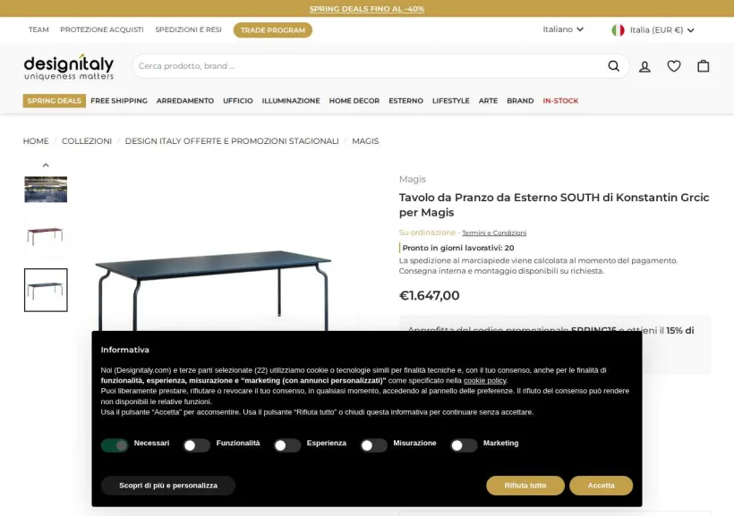 Schermata della pagina offerta di Design Italy