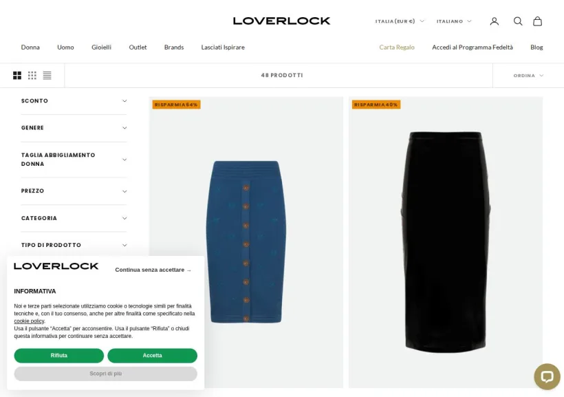 Schermata della pagina offerta di Loverlock boutique on line