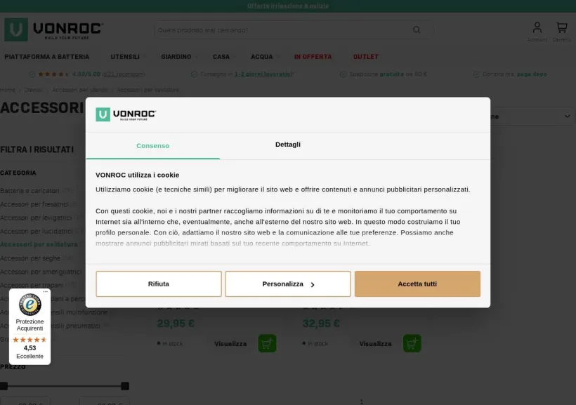 Schermata della pagina offerta di Vonroc